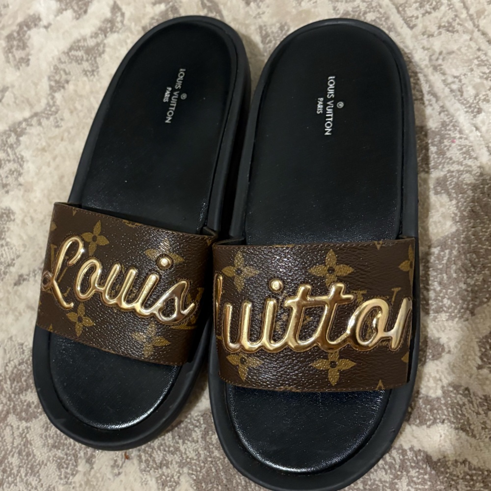 Louis Vuitton Monogram Slides in Black and Brown